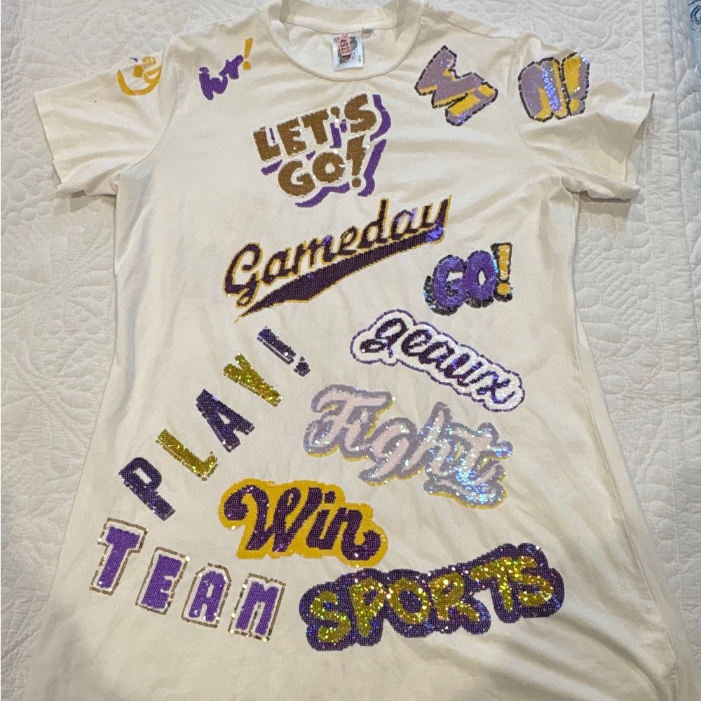 Queen of Sparkles White Graphic T-Shirt dress with Purple and Gold Accents